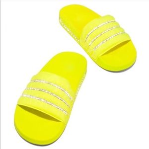 Neon yellow diamond embellished slides sandals